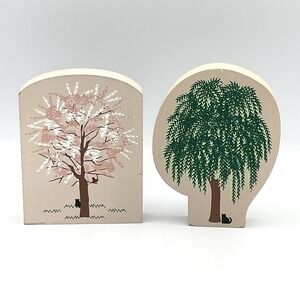 Vintage 90s Cats Meow Village Dogwood Tree Cardinal & Willow Tree Set Of 2 Wood